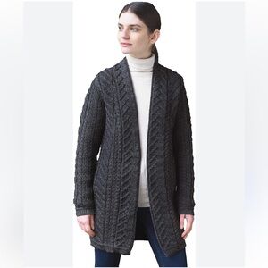 ARAN CRAFTS 100% Merino Wool Chunky Cable Knit Cardigan Blue Grey Medium